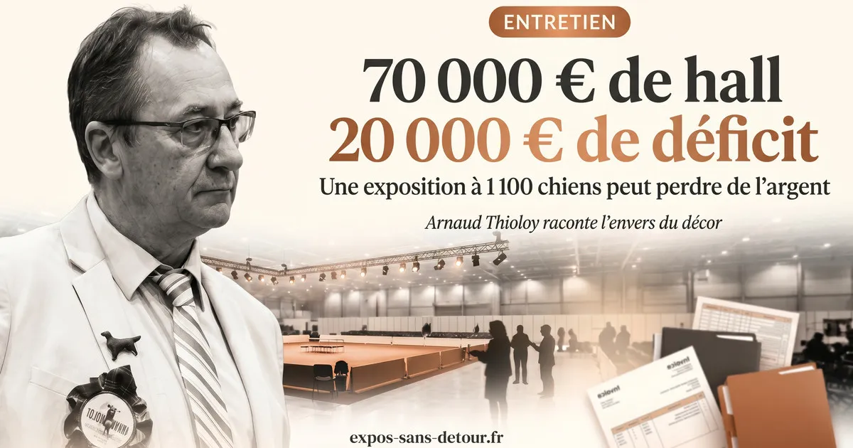 Carte visuelle d'entretien avec Arnaud Thioloy à gauche regardant les chiffres 70 000 € de hall et 20 000 € de déficit, sur fond de hall d'exposition.
