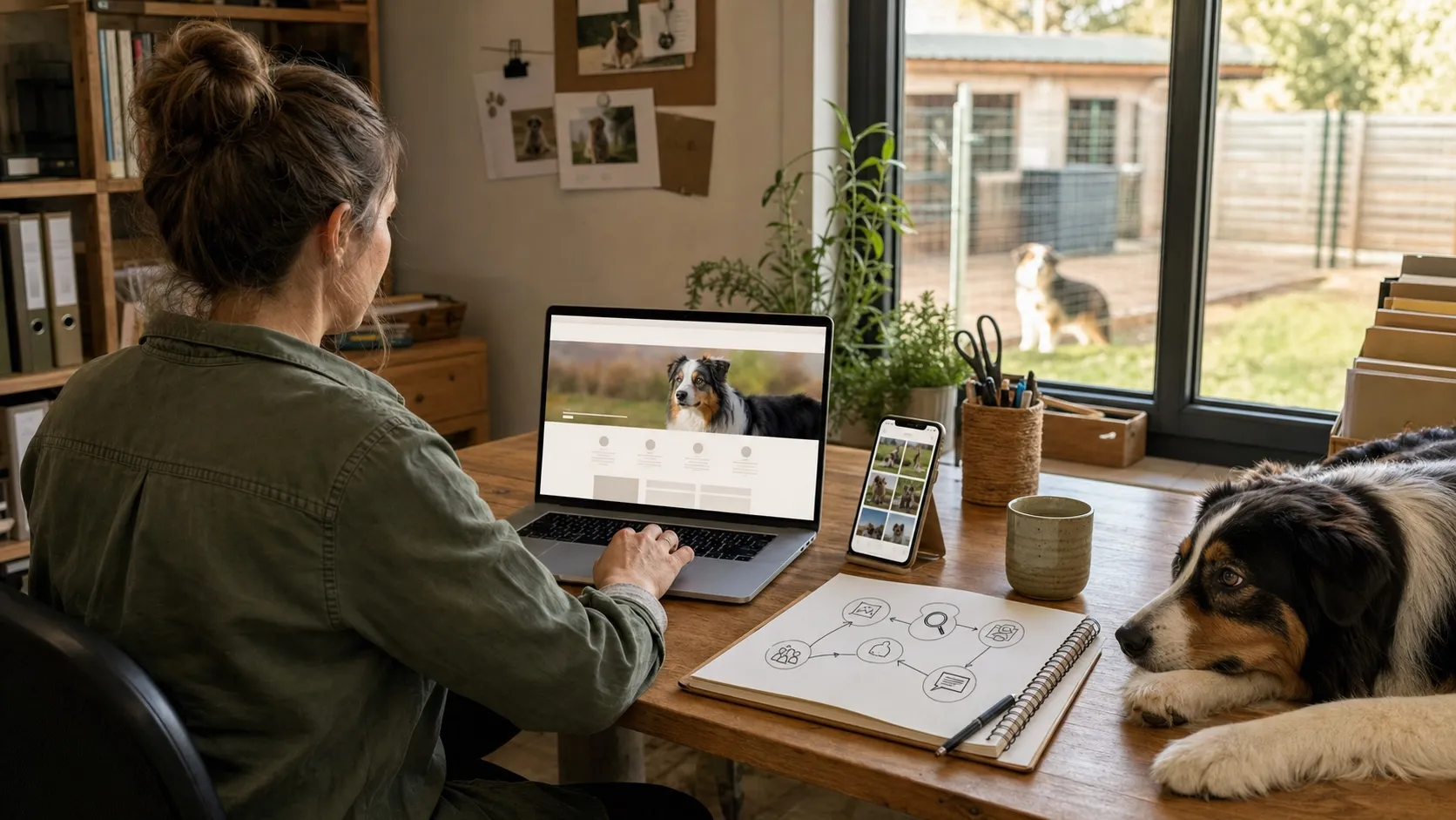 Éleveuse travaillant sur le site internet de son élevage, avec un téléphone, un carnet de stratégie et deux chiens dans son bureau.