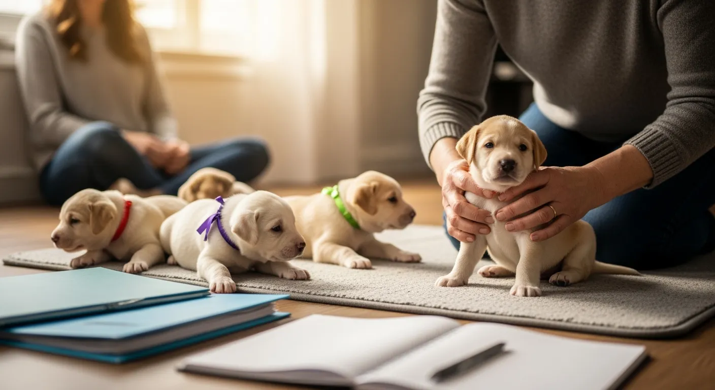 Éleveur tenant un chiot au milieu d'une portée, avec une famille en arrière-plan et des dossiers de sélection au premier plan.