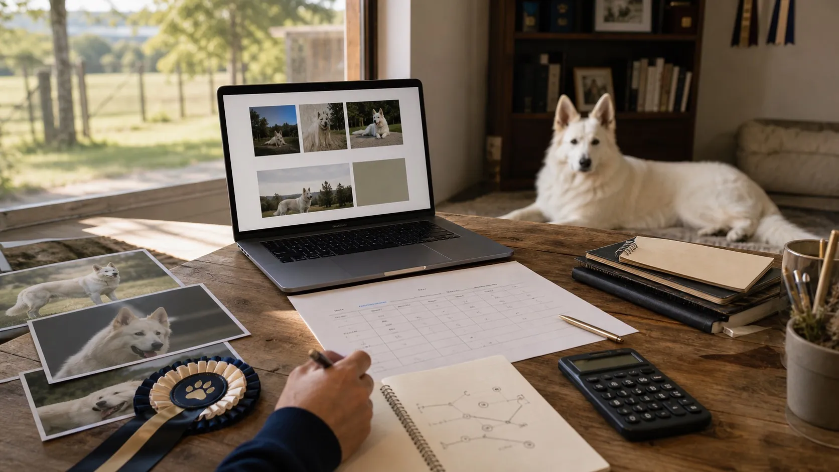 Bureau d'élevage avec un site internet affiché sur un ordinateur, des photographies de chiens, une estimation, un carnet de stratégie et une calculatrice.