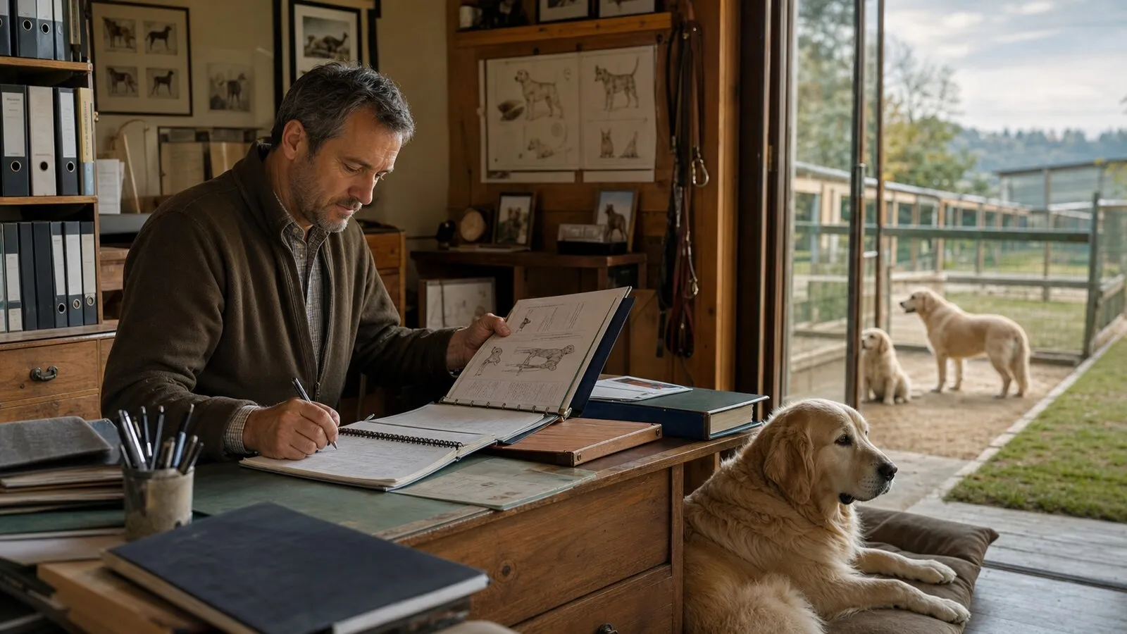 Éleveur étudiant ses dossiers et son budget dans un bureau ouvert sur des installations canines propres, entouré de chiens de plusieurs générations.