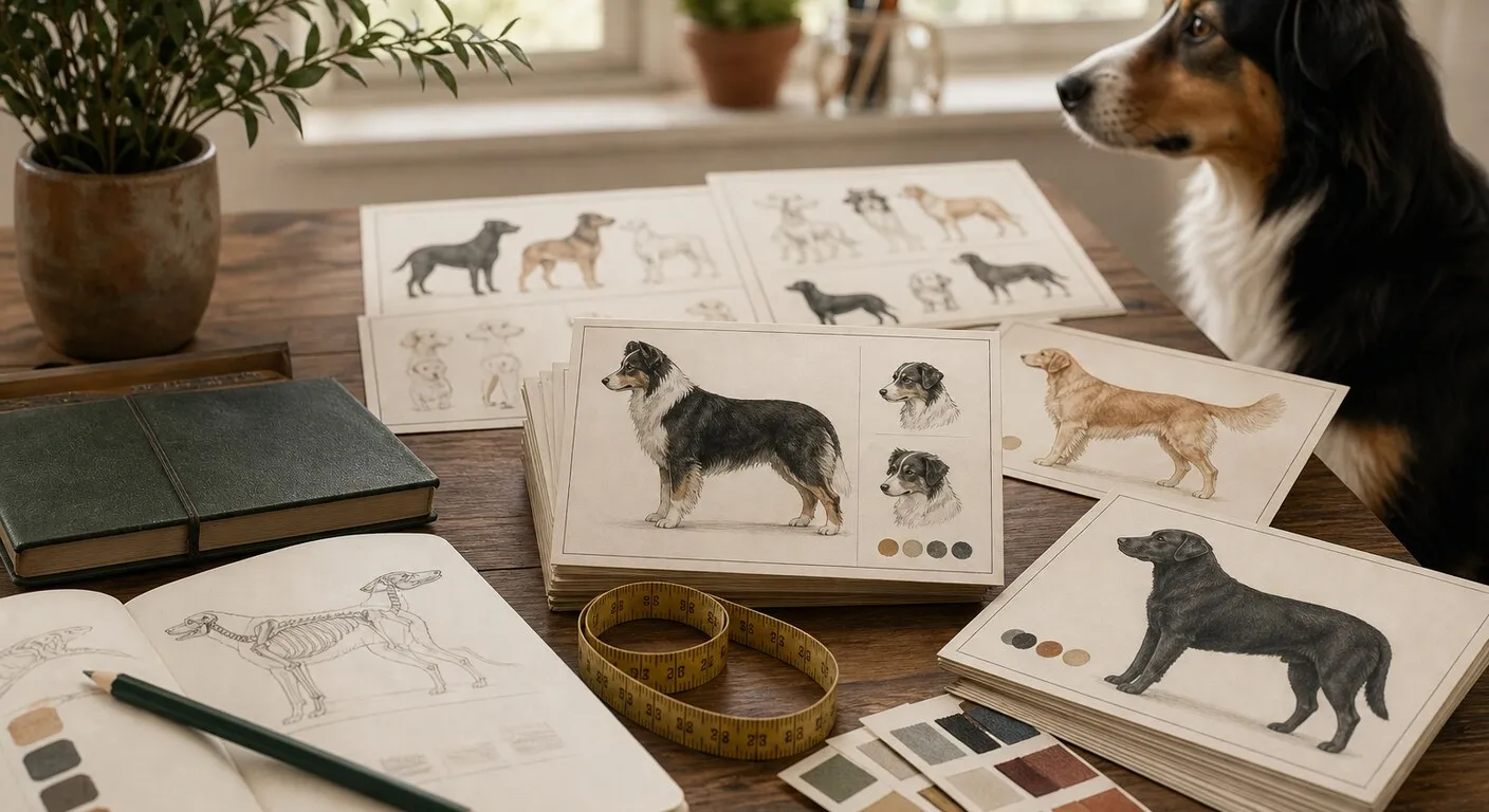 Chien observant des fiches morphologiques, des pedigrees et un mètre de mesure sur une table de sélection.