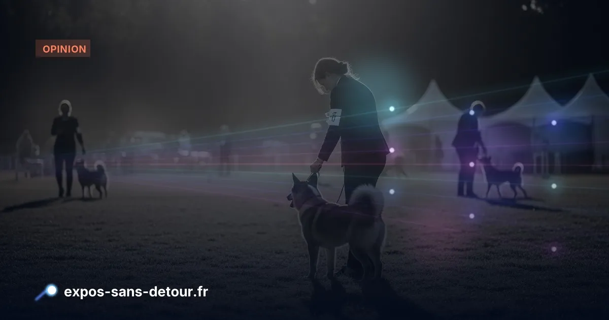 Un chien présenté à un juge dans un ring d'exposition canine.