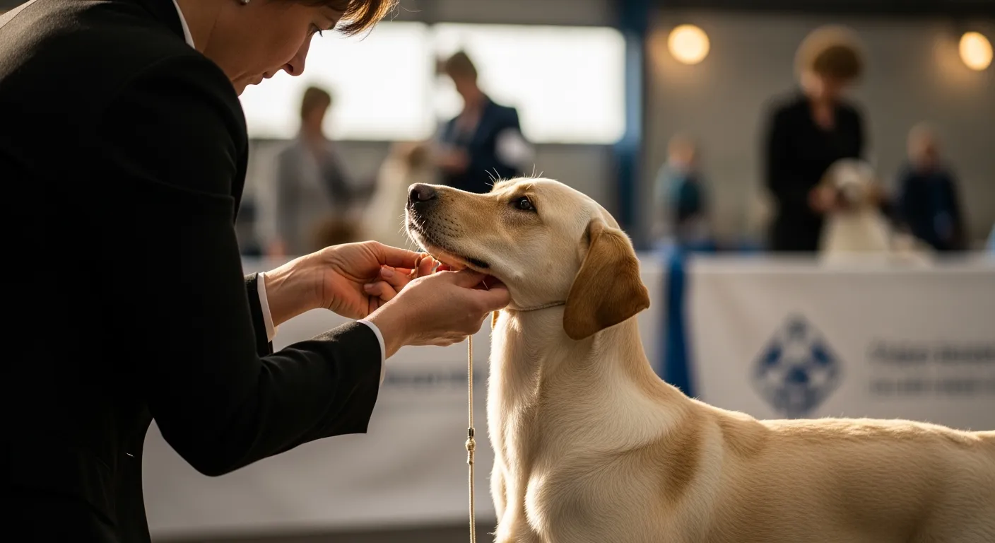 Personne ajustant la laisse d'un chien avant son passage sur le ring d'une exposition canine.