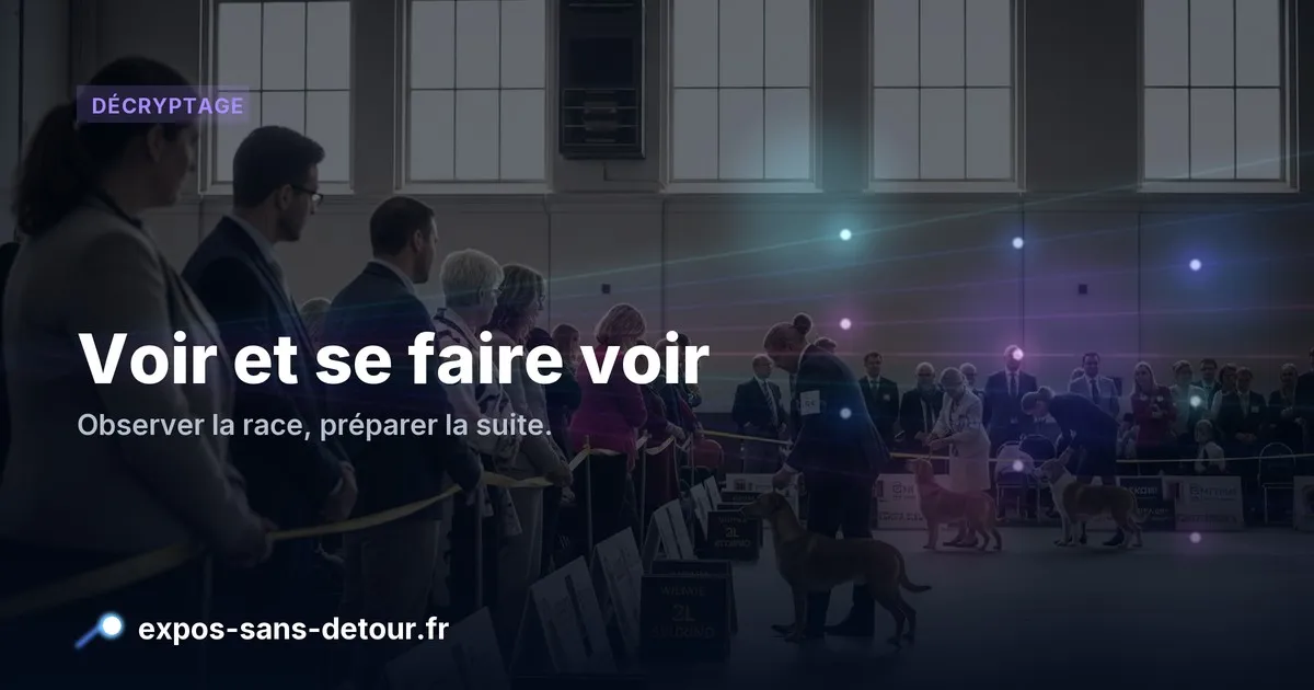 Spectateurs et éleveurs observant des chiens présentés au ring lors d'une exposition canine.